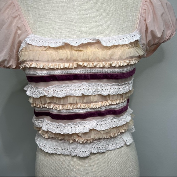 Urban Outfitters NWT Puff Sleeve Ruffle Crop Top Cottagecore Boho Romantic Sz S - Picture 2 of 6